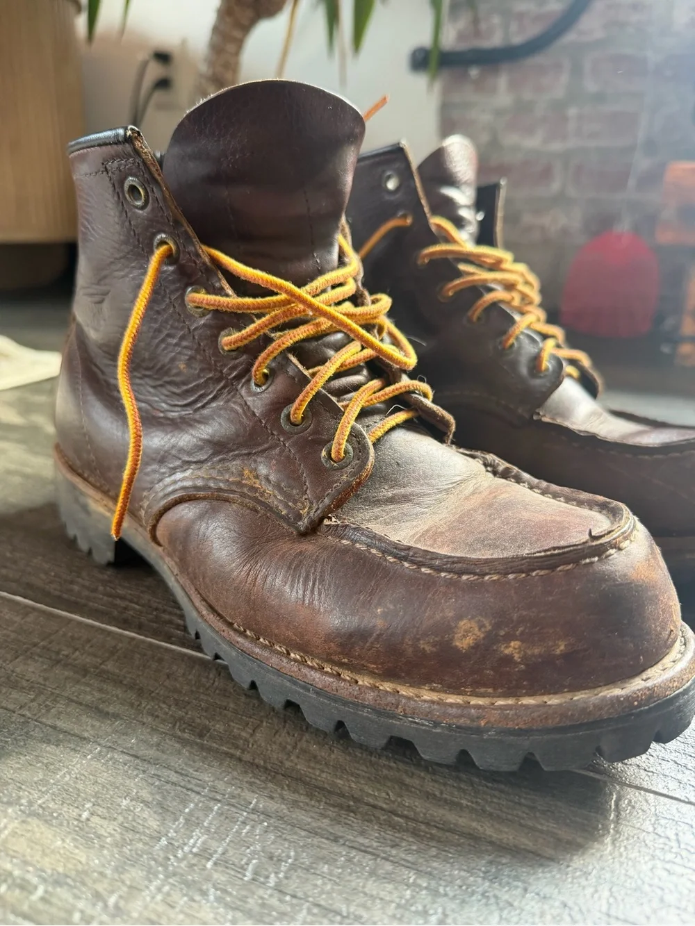Red Wing Classic Brown Leather Men’s Work Boots with Yellow Laces